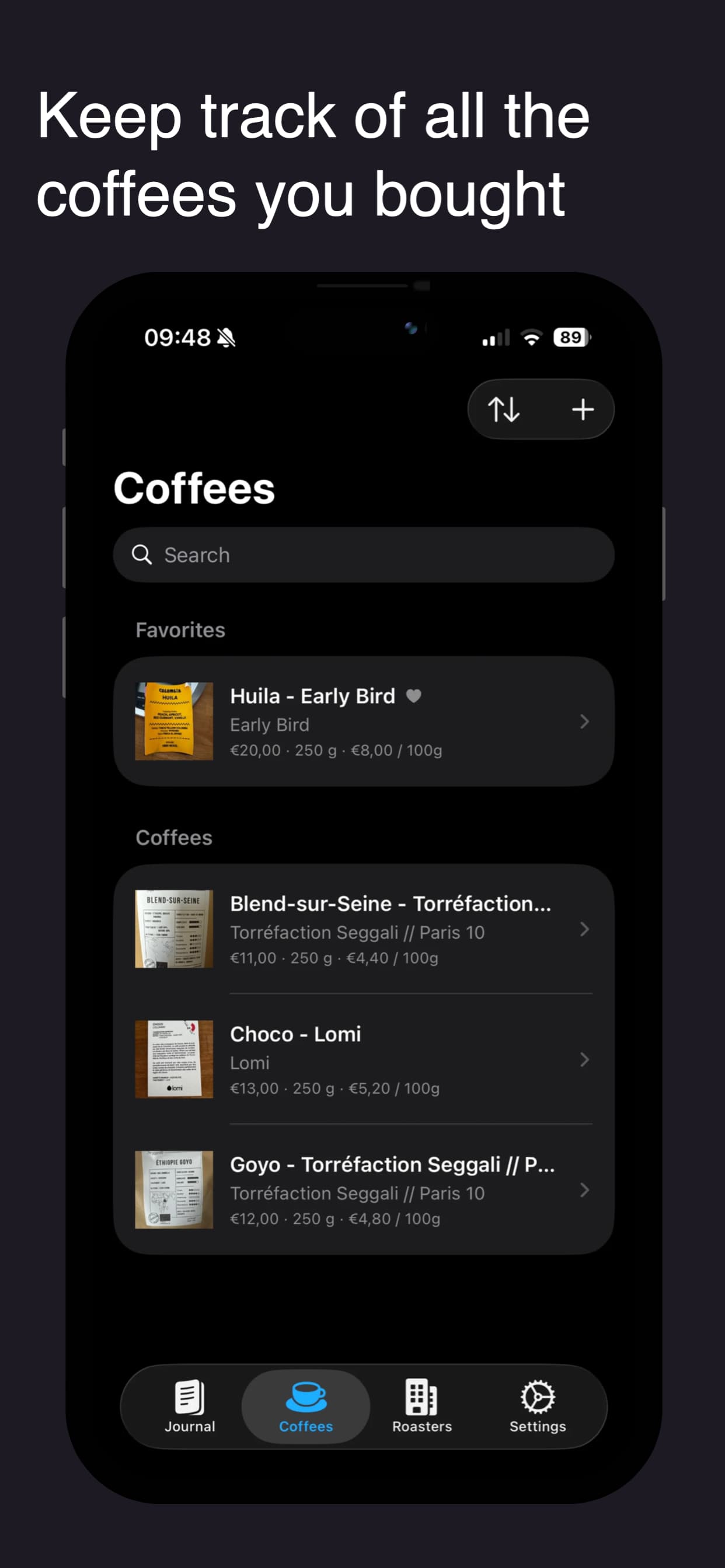 GrindBook coffees screen showing a coffee collection