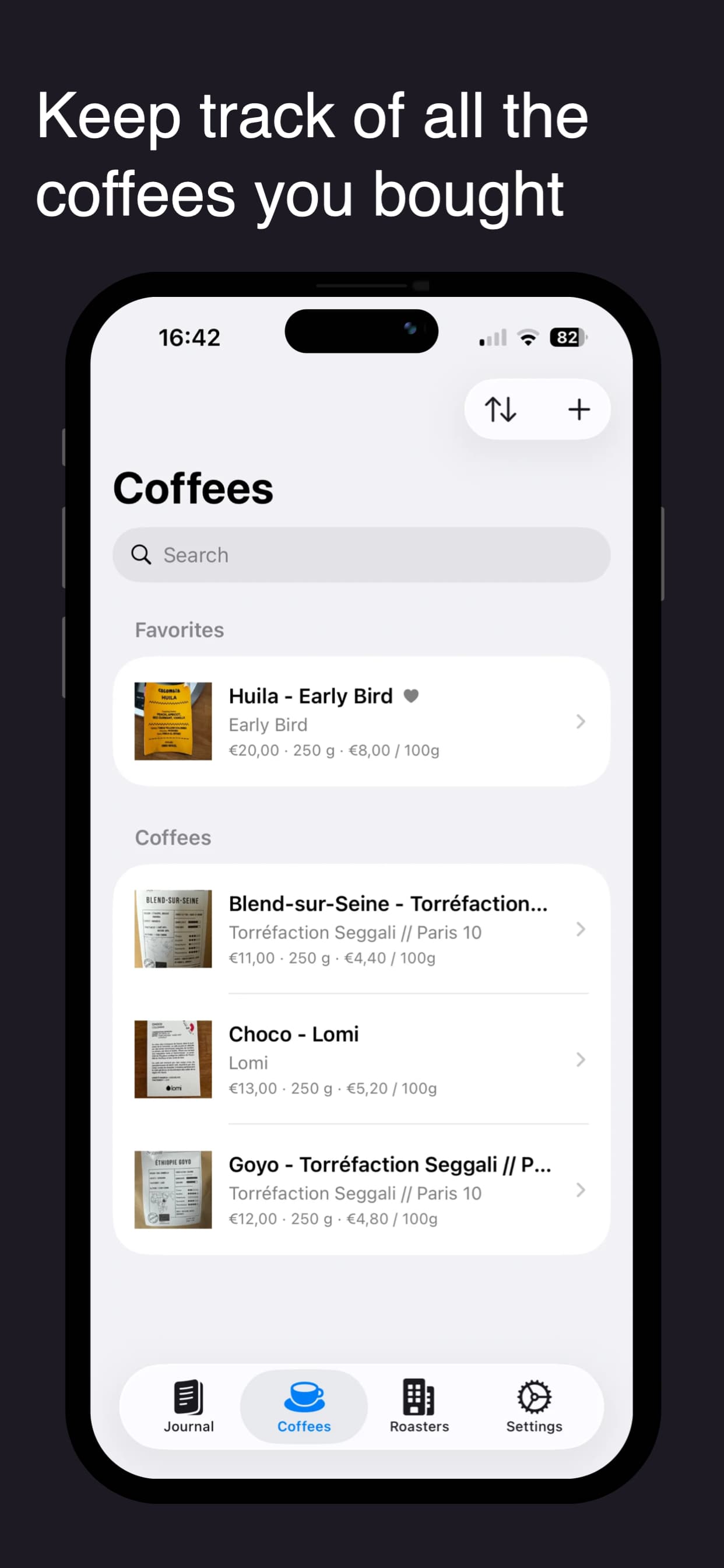 GrindBook coffees screen showing a coffee collection