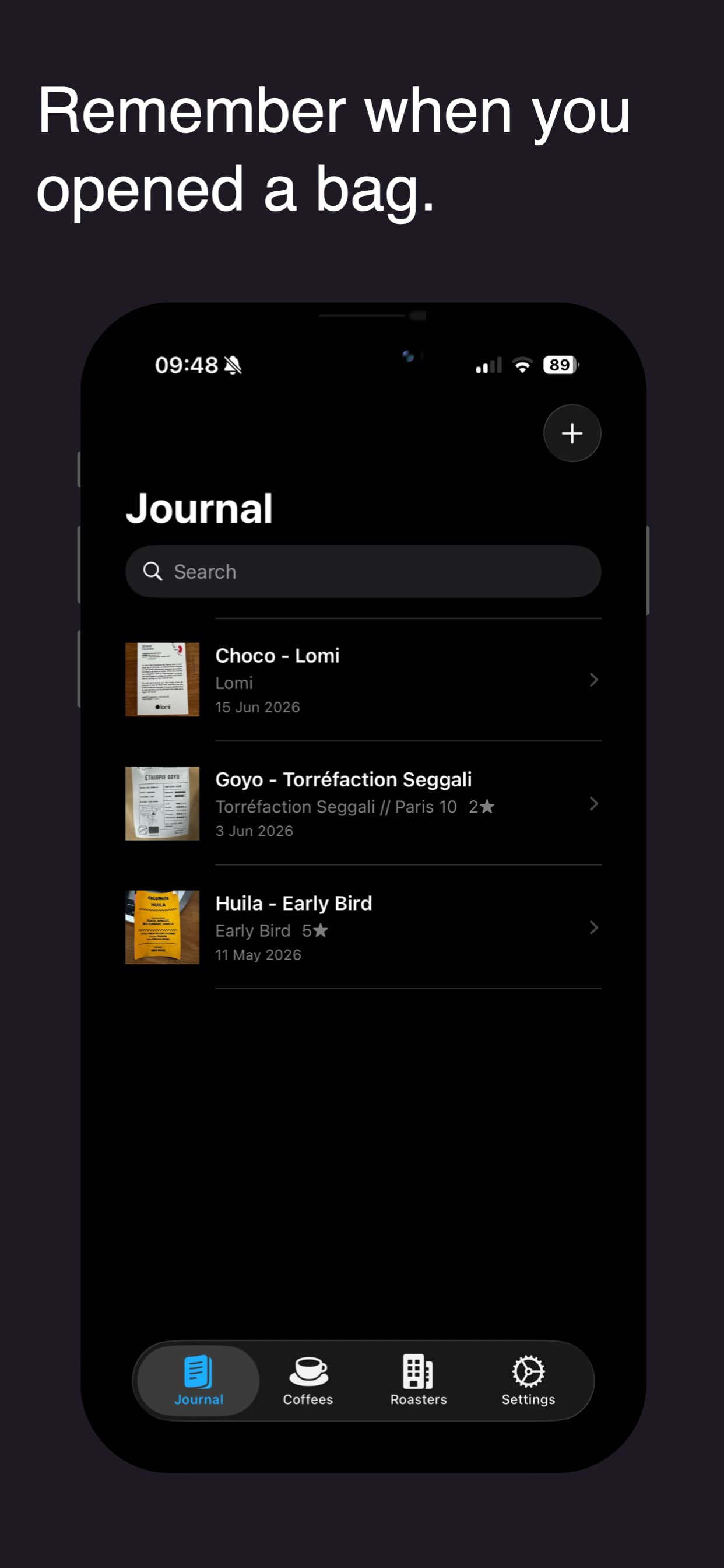 GrindBook journal screen showing saved coffee entries