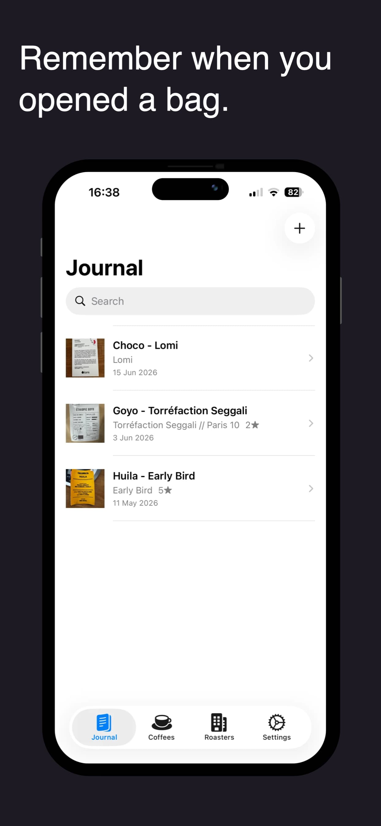 GrindBook journal screen showing saved coffee entries