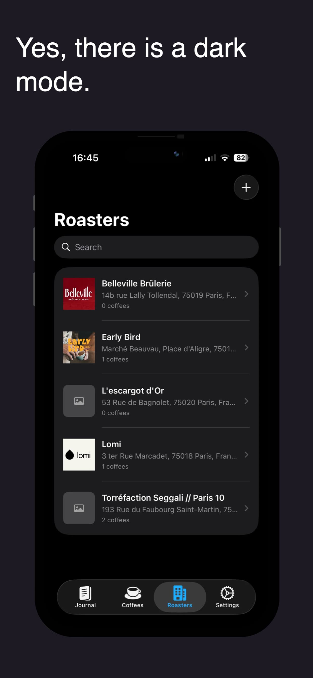 GrindBook roasters screen showing saved roasters