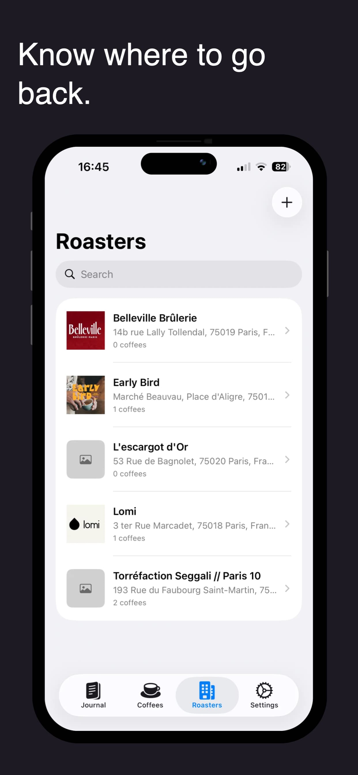 GrindBook roasters screen showing saved roasters
